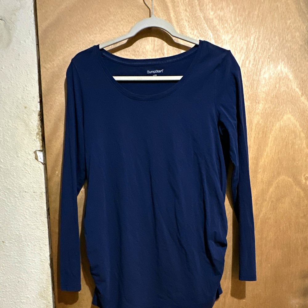 BumpStart Maternity Ruched Knit Top L Black Solid Scoop Neck Long Sleeve